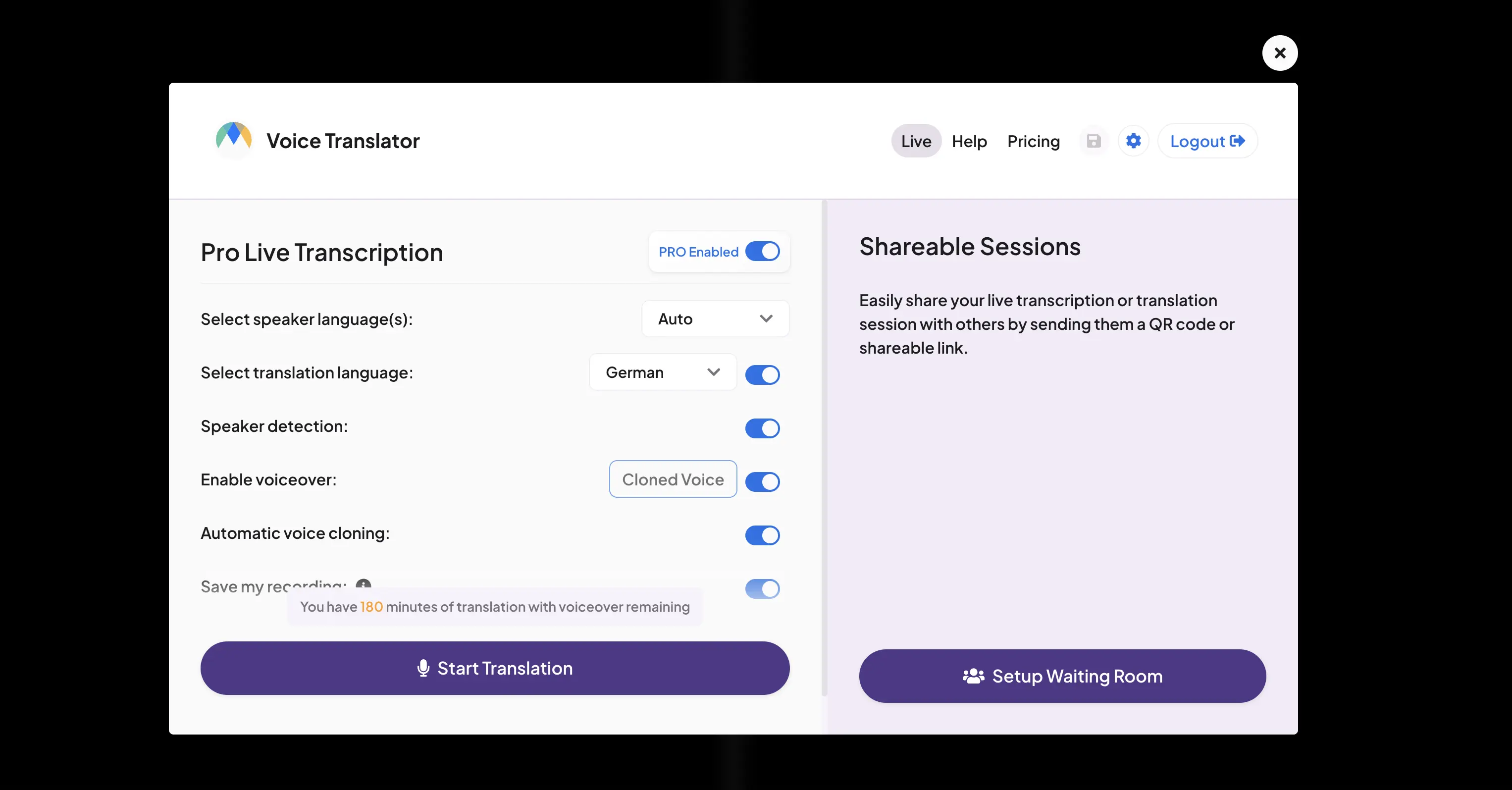 The interface of Maestra's live voice translator for real-time German translation.